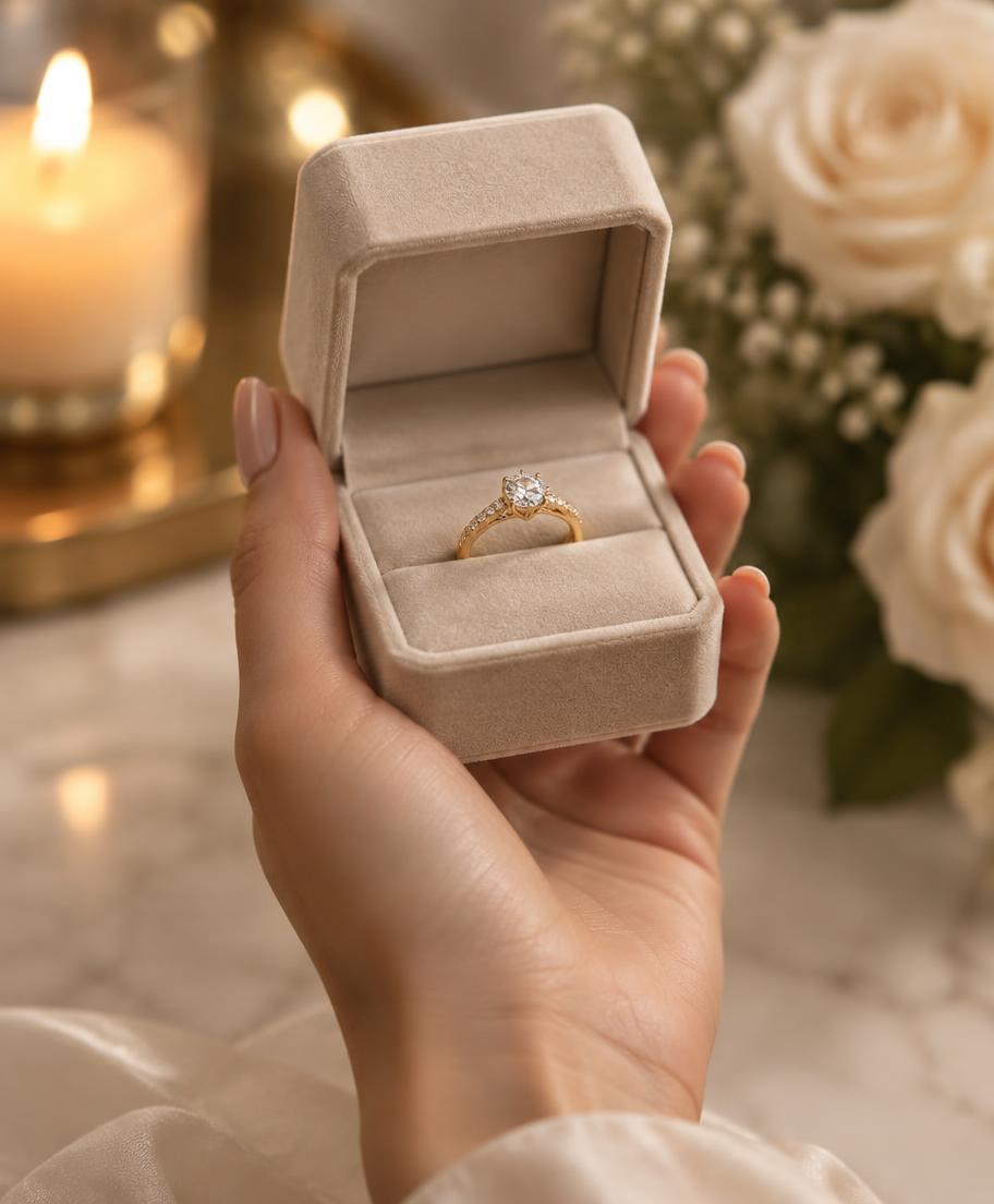 A hand holding an open ring box with a gold solitaire ring