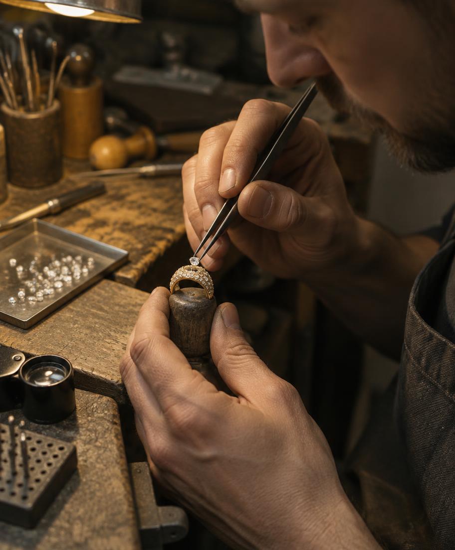 A jeweler setting a diamond into a gold ring at the bench